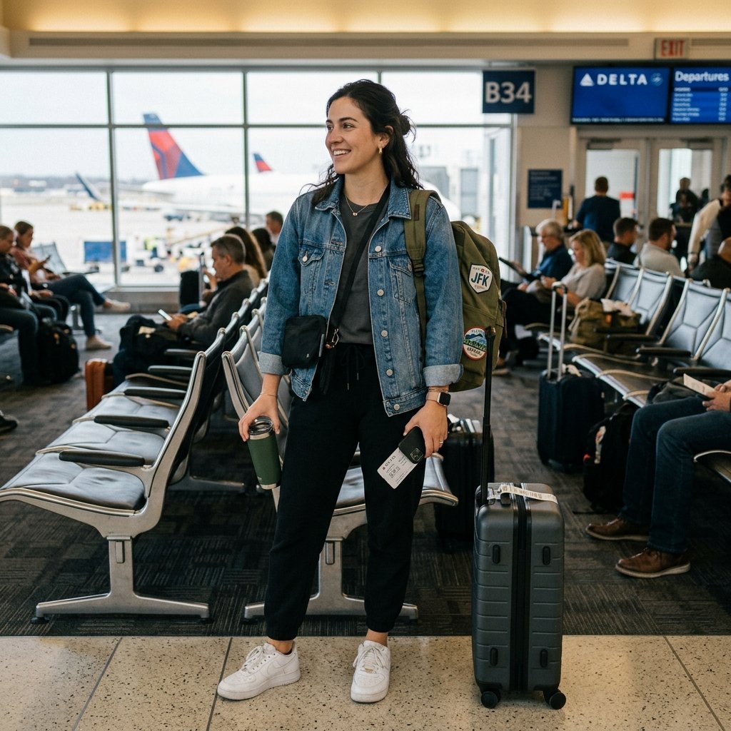 30 Airport Outfits Ideas for Every Kind of Traveler 6 Denim Jacket Airport Outfit Ideas