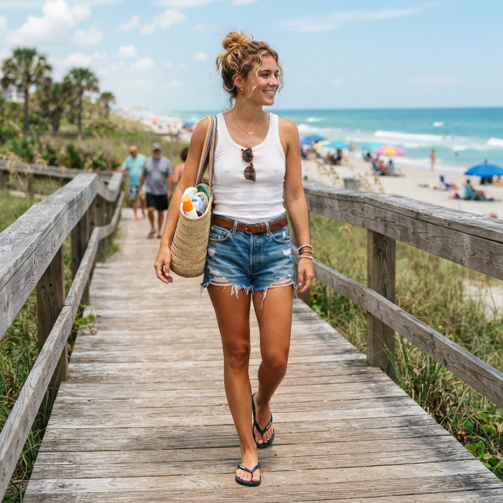 Denim Shorts and Tank Beach Outfit Idea