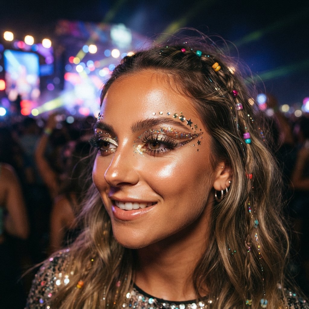 Glitter Makeup Concert Outfit Idea