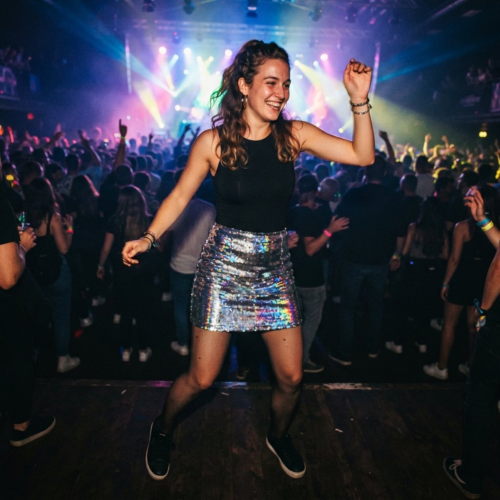 Concert Metallic Skirt Outfit Idea