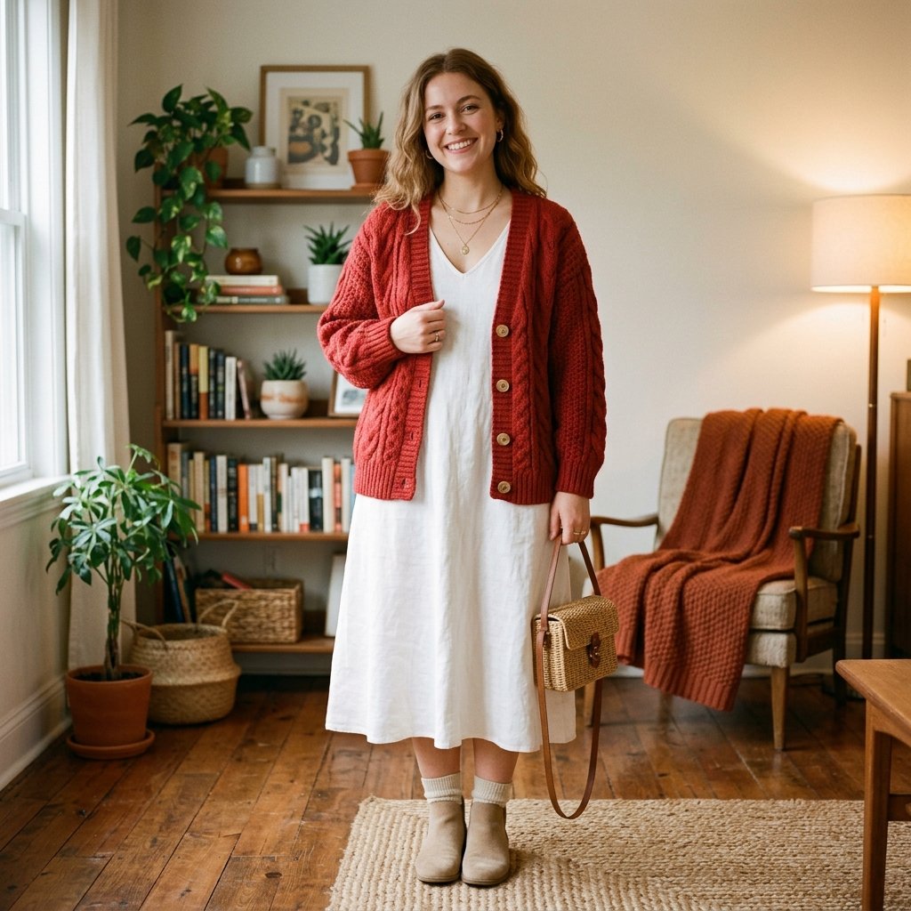 Red and White Cardigan Outfit Idea
