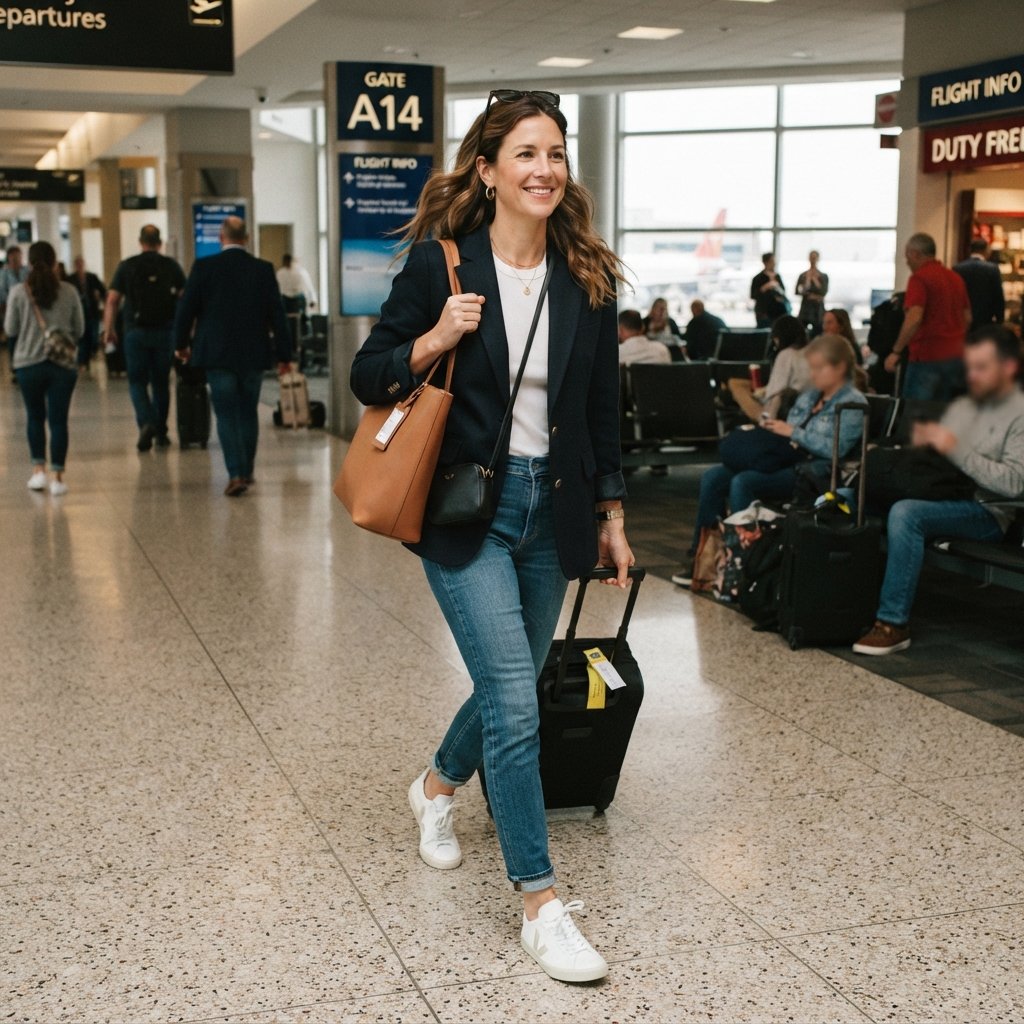 30 Airport Outfits Ideas for Every Kind of Traveler 17 Blazer and Sneakers Airport Outfit Ideas