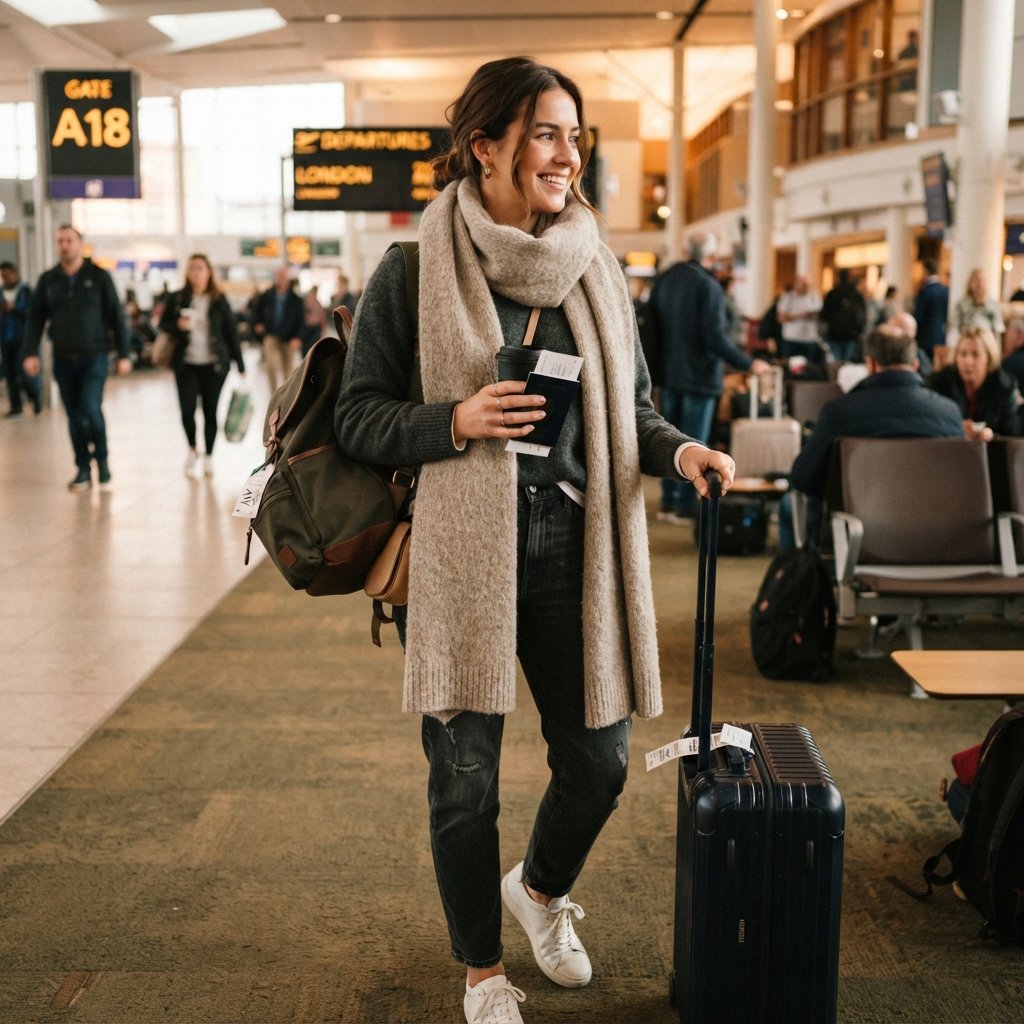 30 Airport Outfits Ideas for Every Kind of Traveler 15 Scarf Layered Airport Outfit Ideas