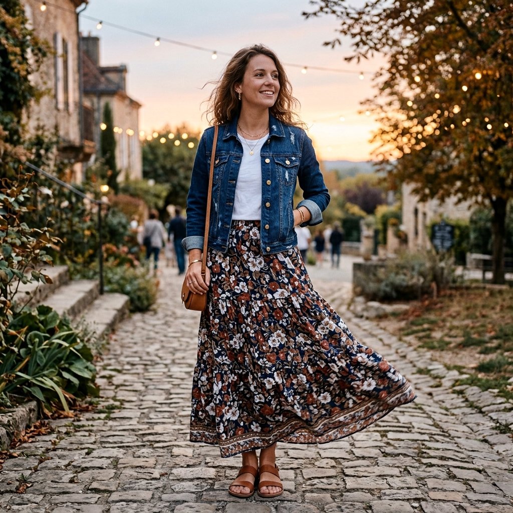 Maxi Skirt and Denim Jacket Outfit Ideas
