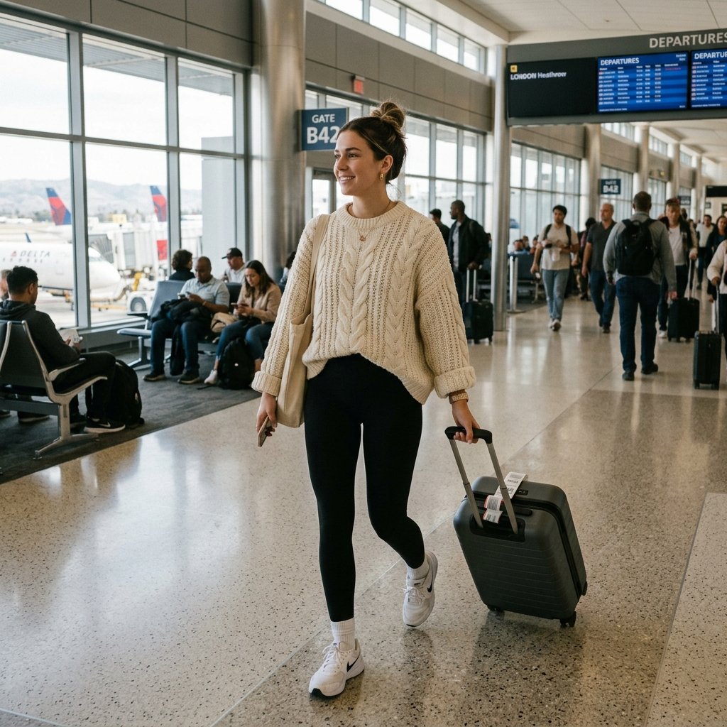 30 Airport Outfits Ideas for Every Kind of Traveler 2 Cozy Oversized Sweater Airport Look Ideas