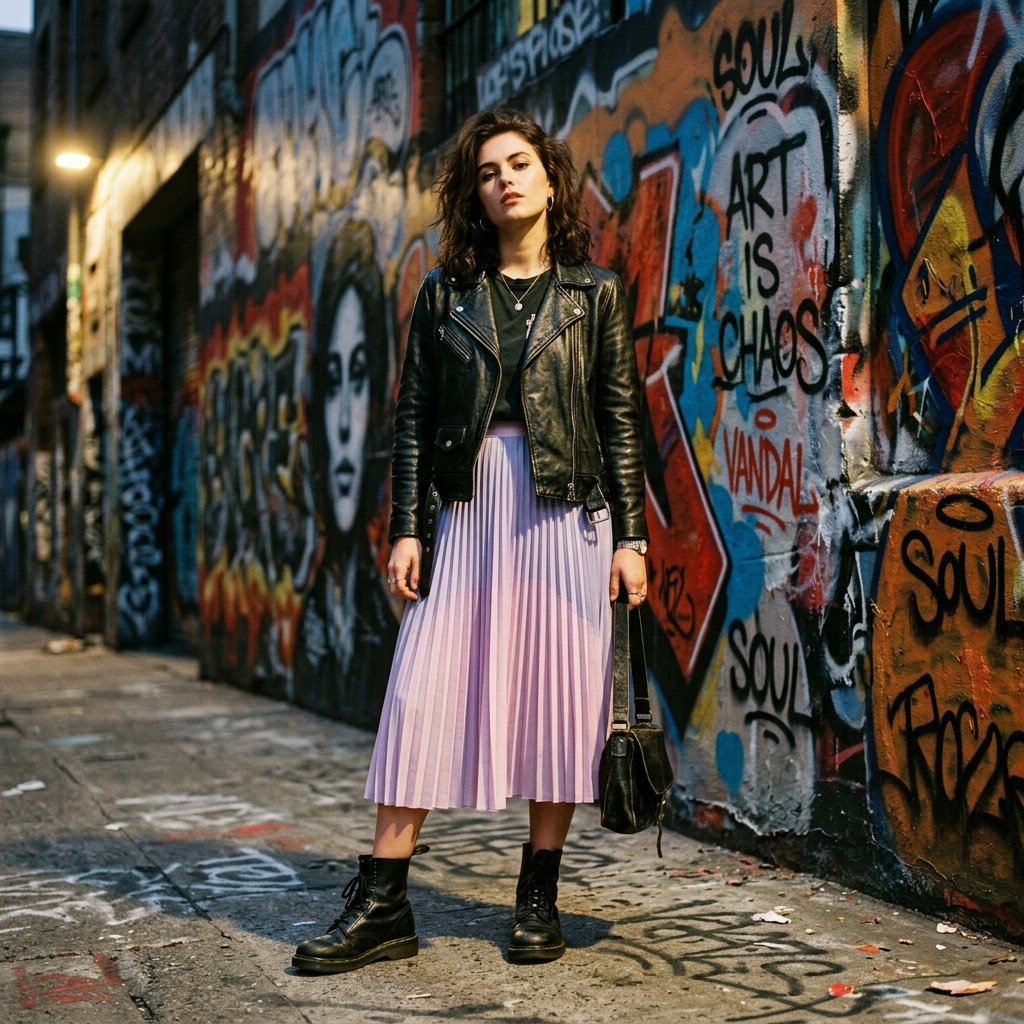 Leather Jacket Pleated Skirt Outfits Ideas