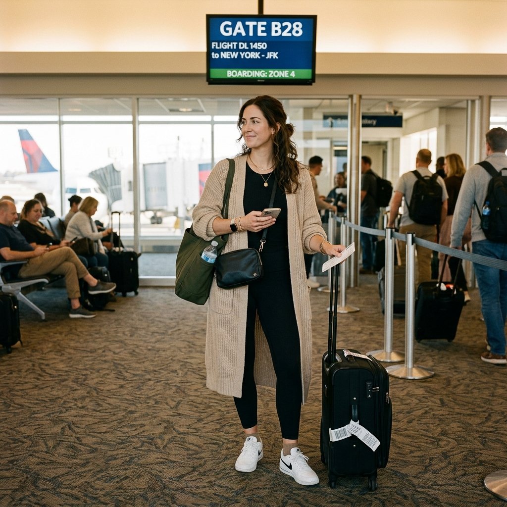 30 Airport Outfits Ideas for Every Kind of Traveler 9 Long Cardigan Airport Outfit Ideas