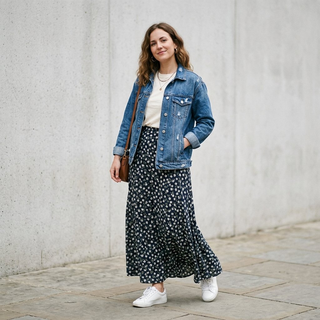 Long Skirt and Denim Jacket Outfit Ideas