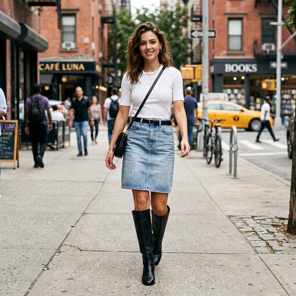 Knee High Boots with Denim Skirt Ideas