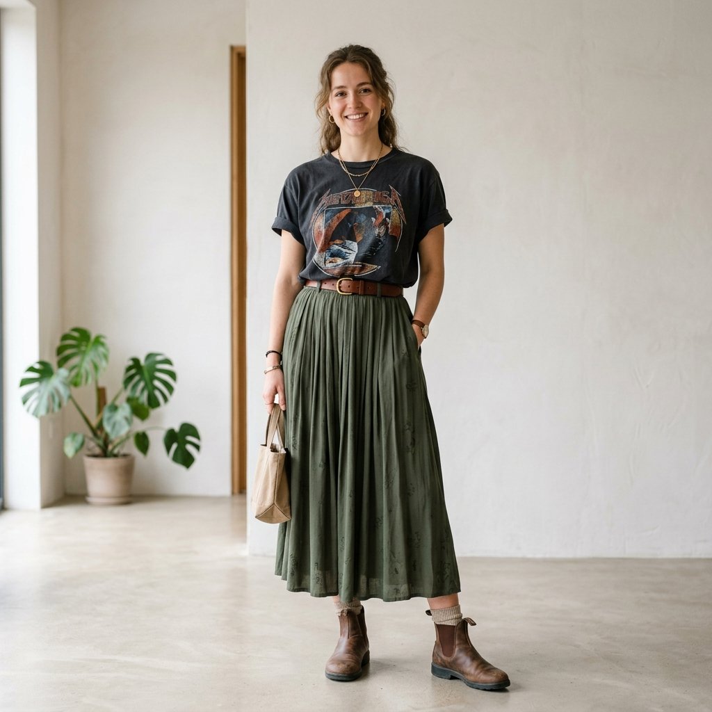 Long Skirt and Graphic Tee Outfit Ideas