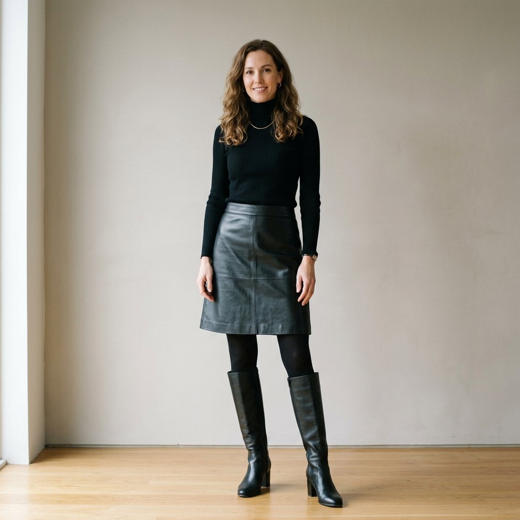 Knee High Boots and Leather Skirt Outfit Ideas
