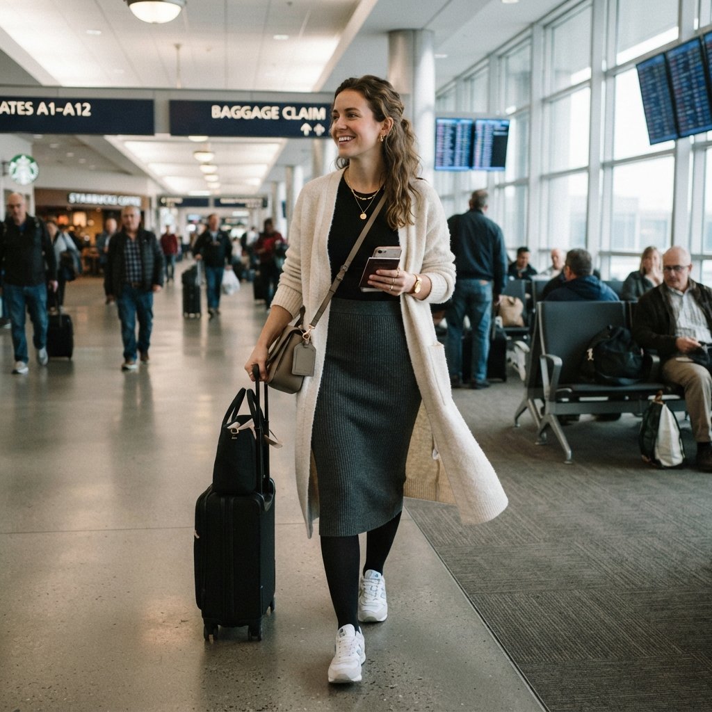 30 Airport Outfits Ideas for Every Kind of Traveler 26 Skirt and Tights Airport Outfit Ideas