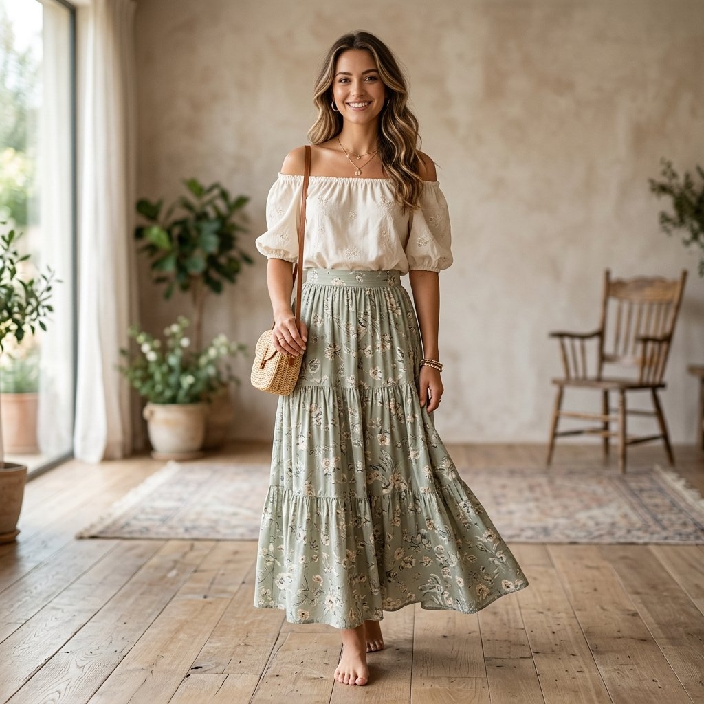 Long Skirt and Off-Shoulder Top Outfit Ideas