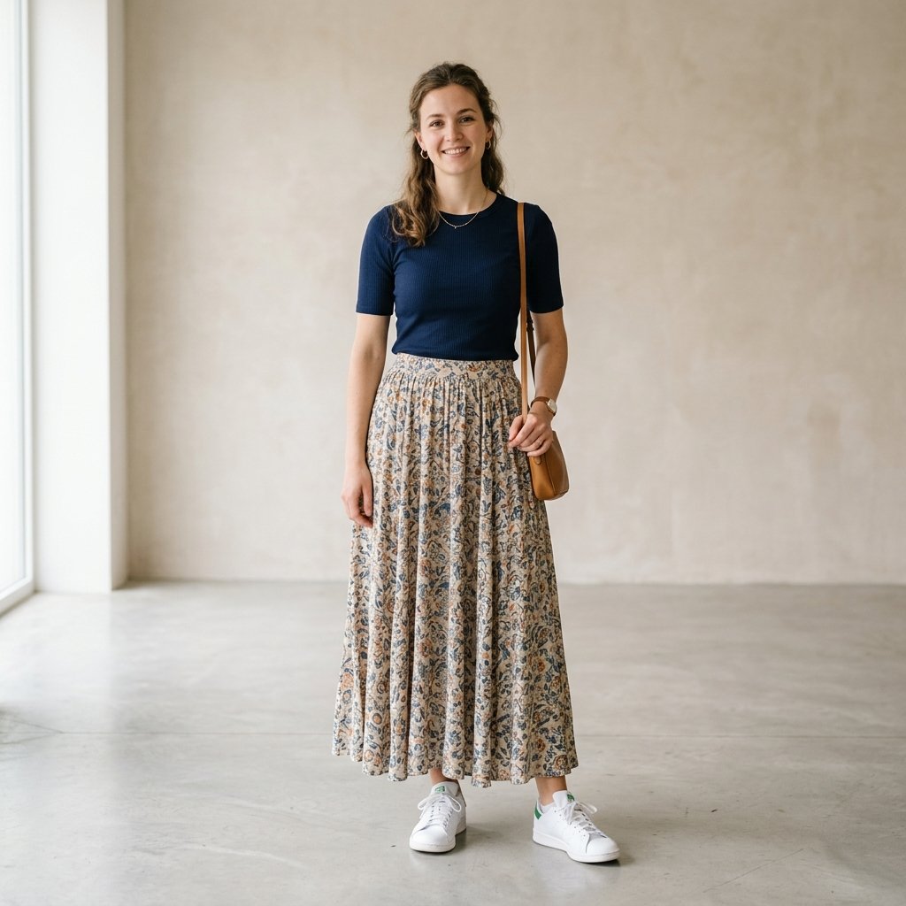 Long Skirt and Sneakers Outfit Ideas