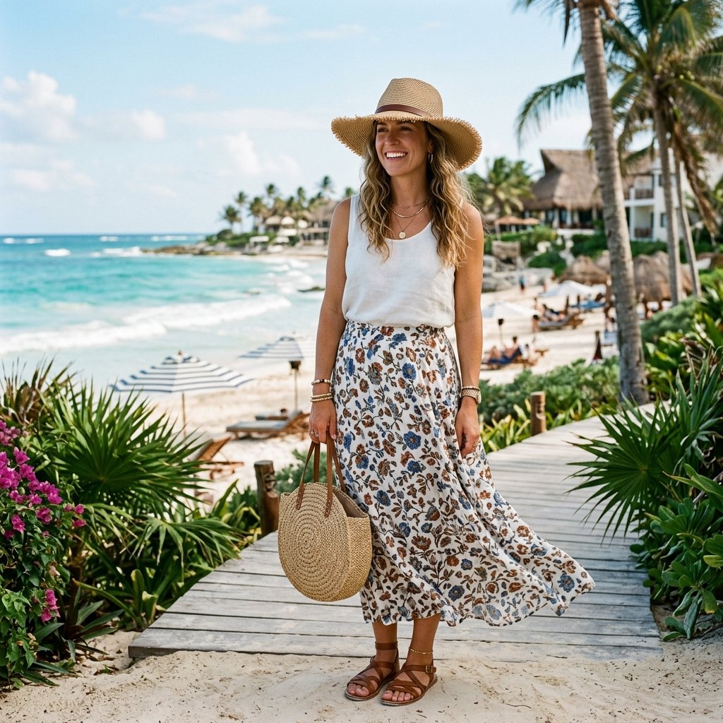 Maxi Skirt Outfit Ideas with Straw Hats