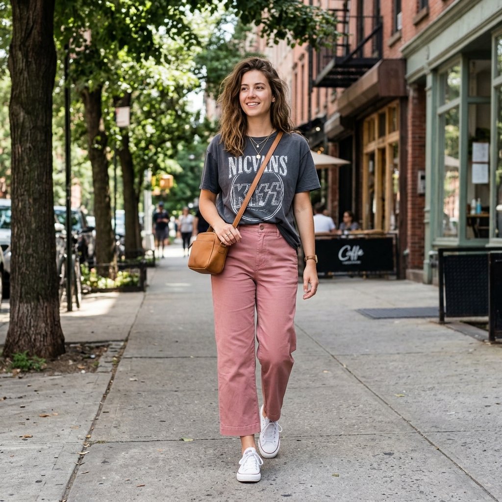 Pink Pants Outfit with Sneakers