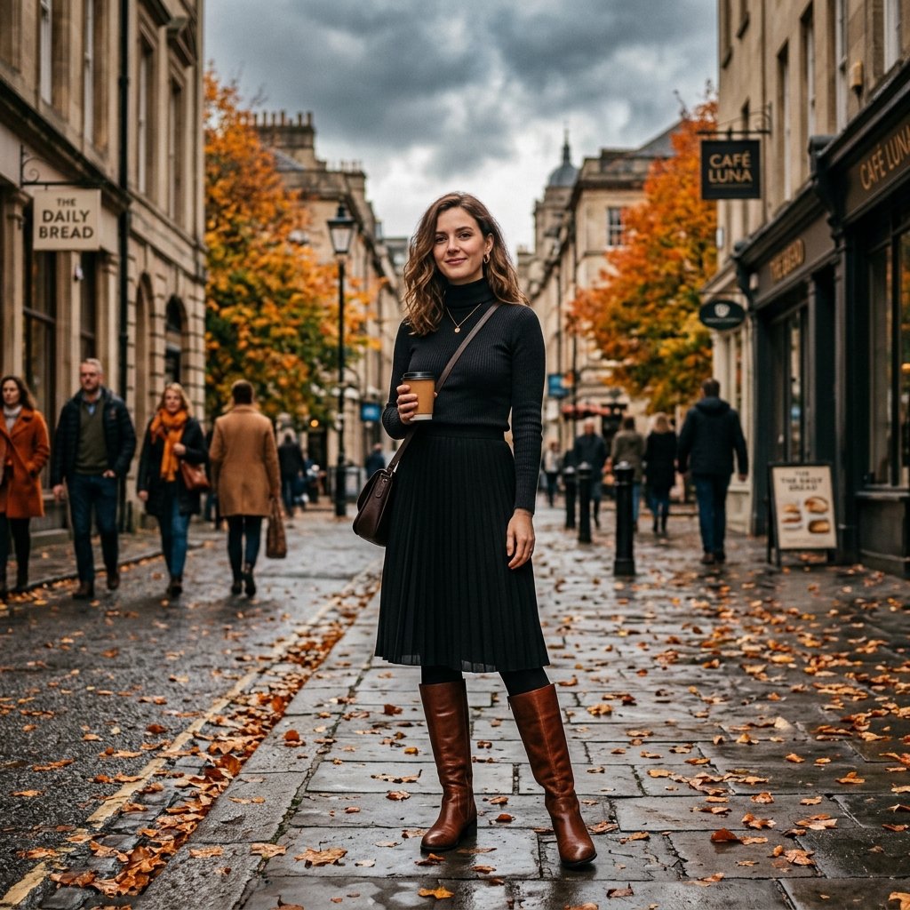 Knee-High Boots Pleated Skirt Outfit Ideas