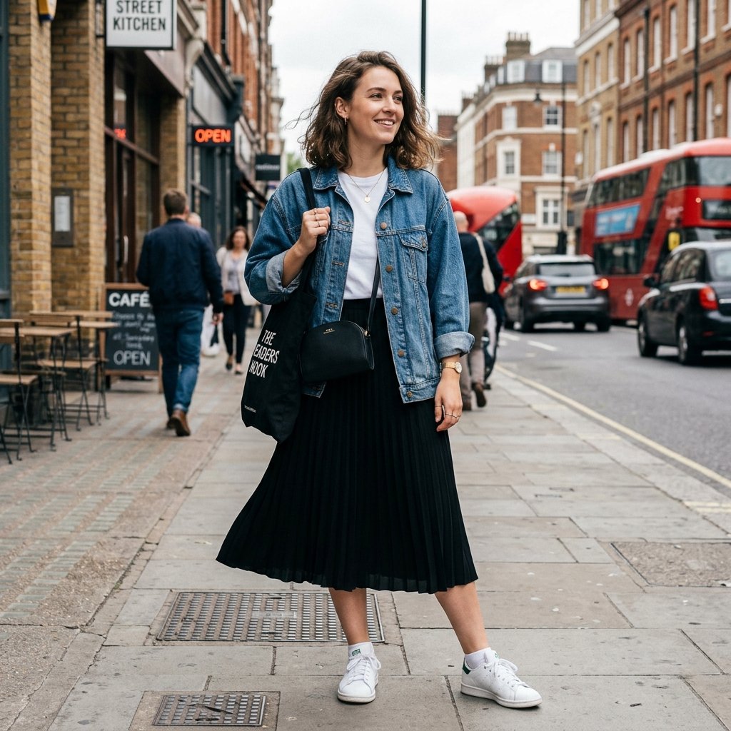 Denim and Pleated Skirt Outfit Ideas