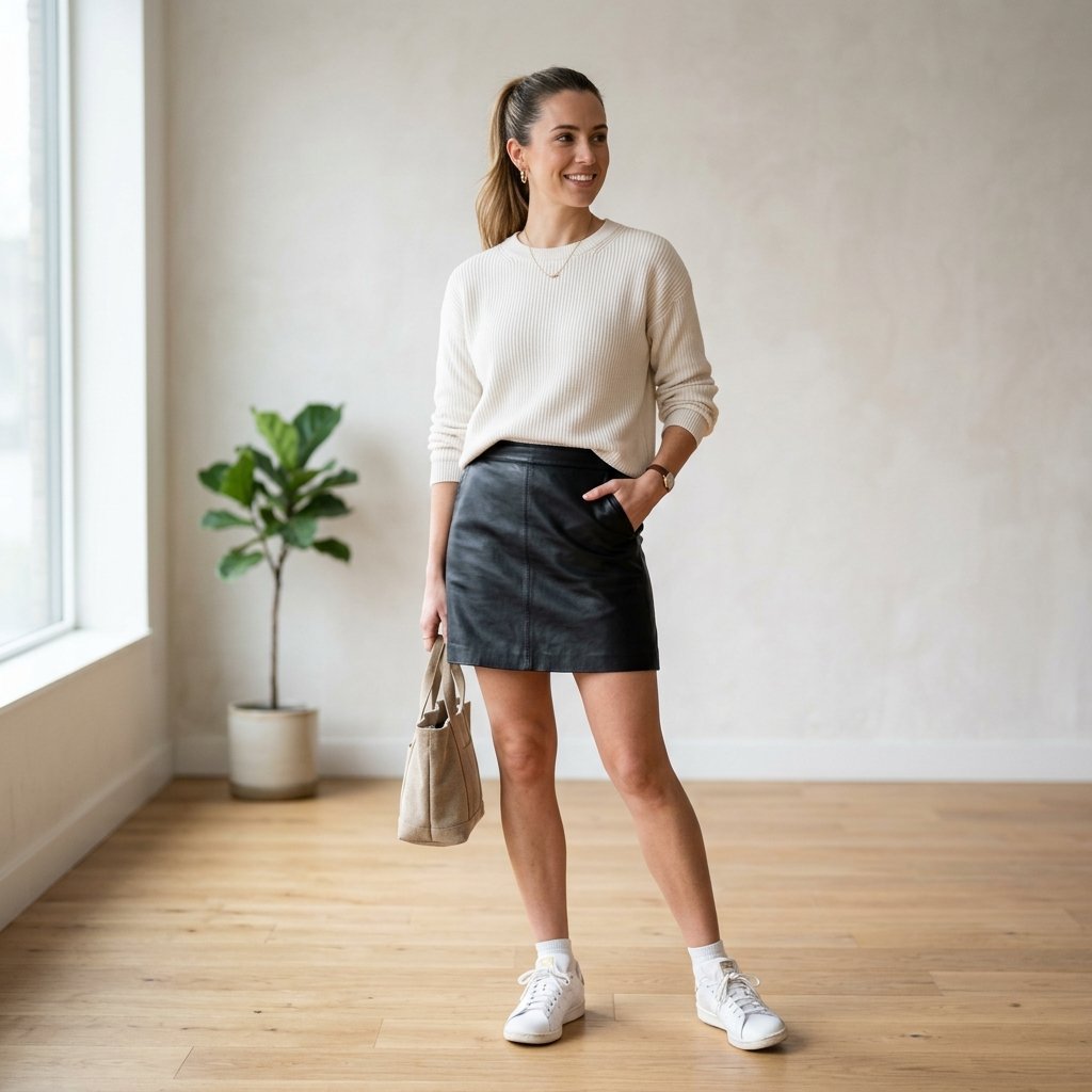 Leather Skirt and White Sneakers Ideas