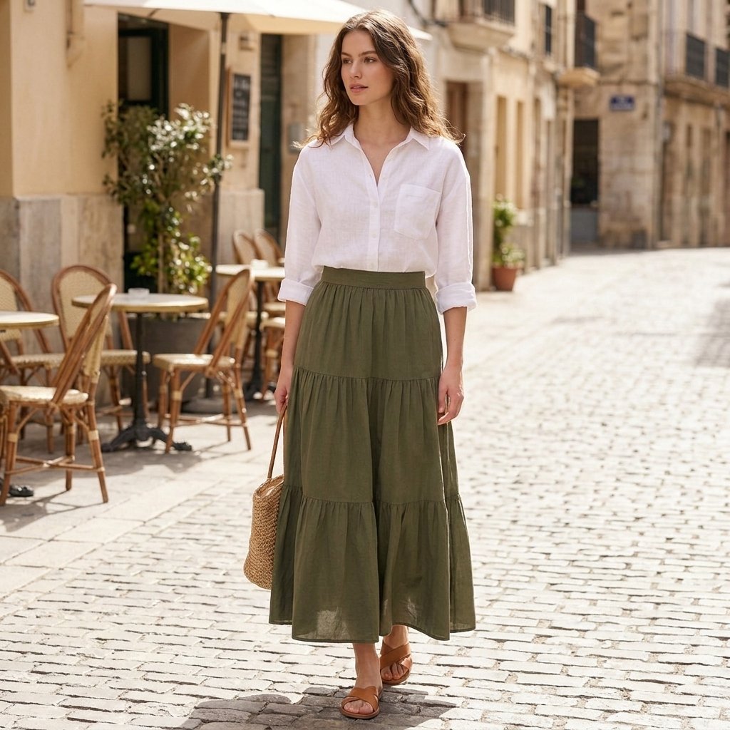 Long Skirt and Button-Down Shirt Outfit Ideas