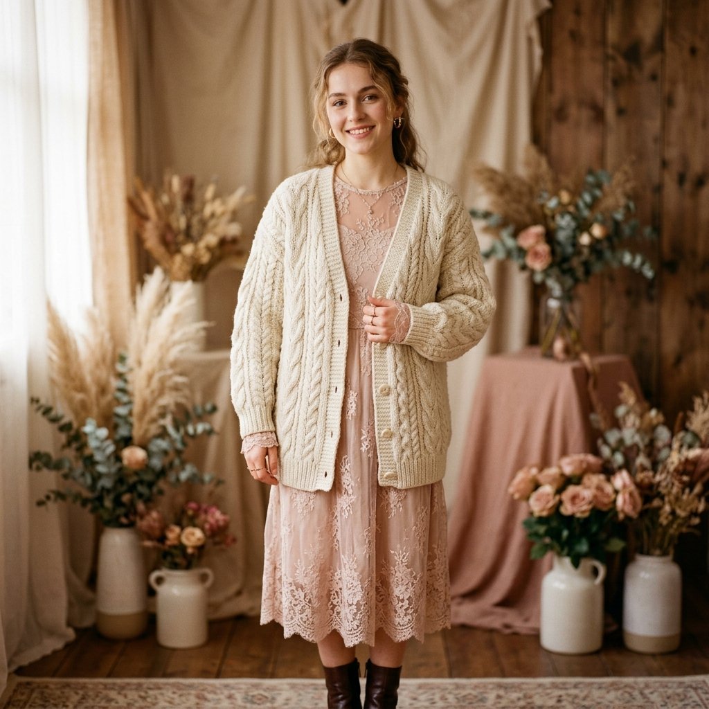 32 Sweater Over Dress Ideas: A Complete Style Guide 15 Cable Knit Cardigan Over Lace Dress