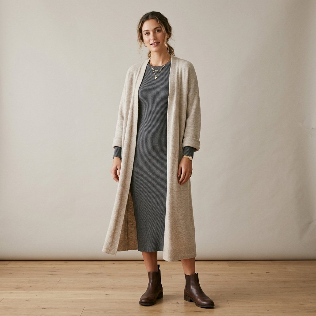 32 Sweater Over Dress Ideas: A Complete Style Guide 20 Longline Cardigan Over Fitted Dress