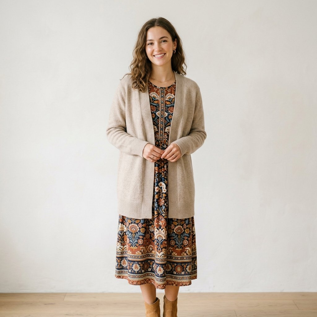 32 Sweater Over Dress Ideas: A Complete Style Guide 32 Neutral Toned Cardigan Over Printed Dress