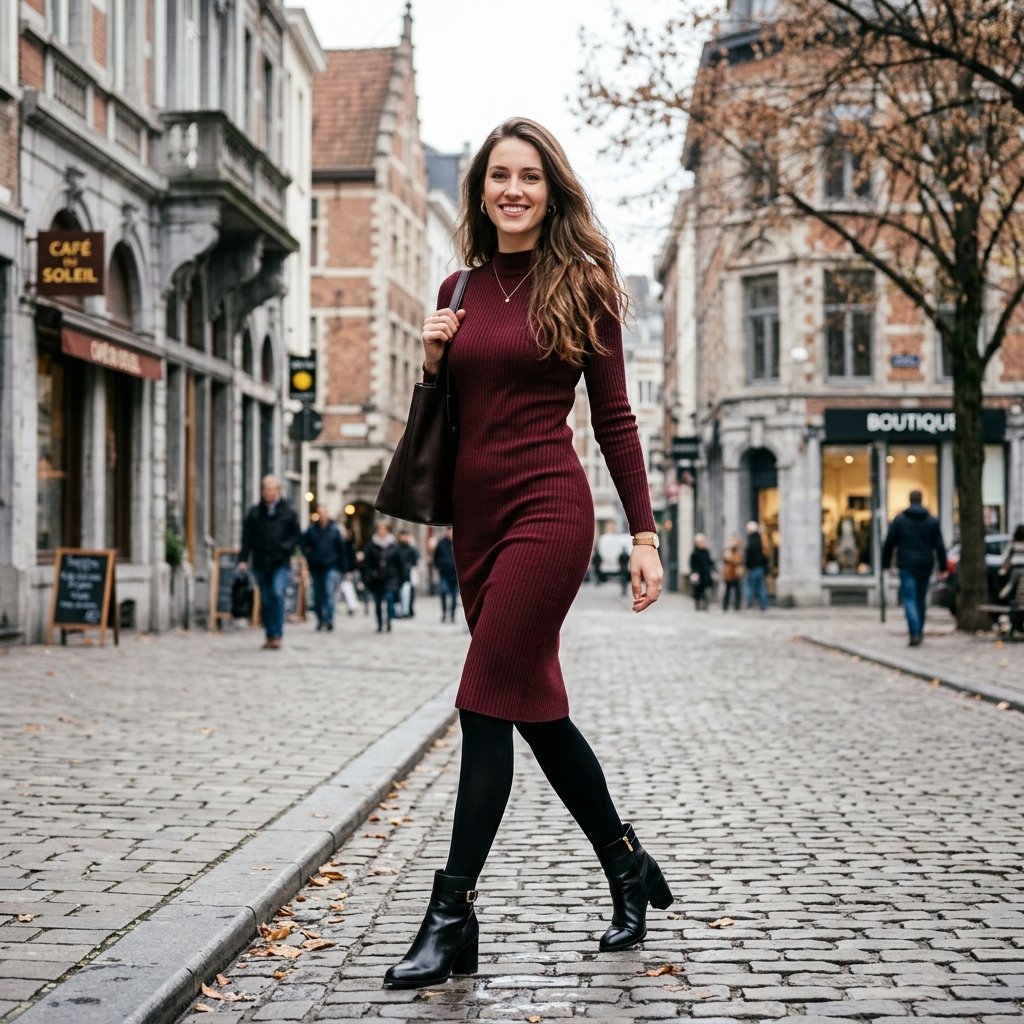 32 Best Casual Winter Outfits Ideas for a Cozy & Stylish Look 19 Knit Dress and Tights Idea