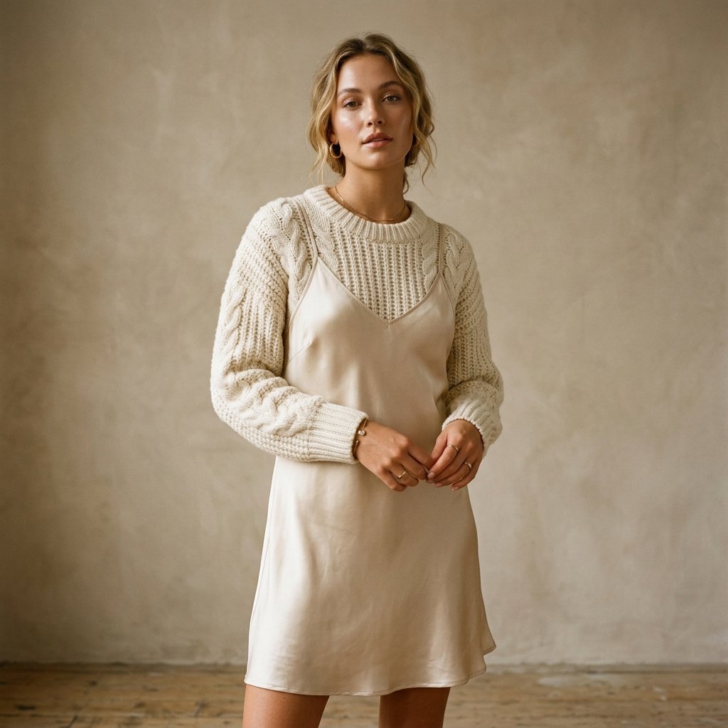 32 Sweater Over Dress Ideas: A Complete Style Guide 30 Textured Knit Over Satin Slip Dress