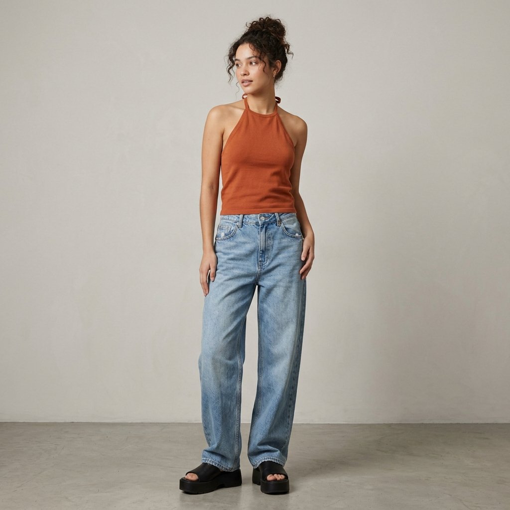 32 Baggy Jeans Outfits Ideas: Chic Ways to Look Effortlessly Trendy 16 Baggy Jeans with Halter Top Ideas