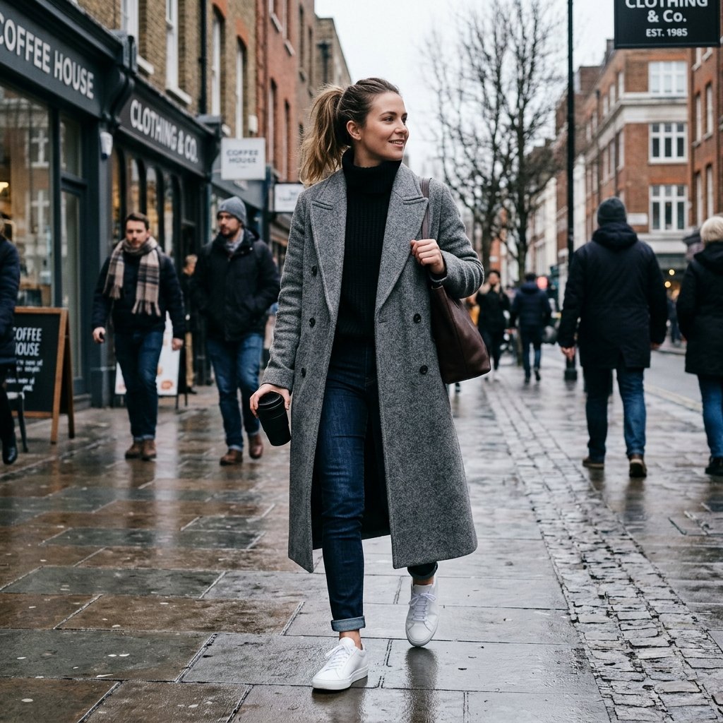 32 Best Casual Winter Outfits Ideas for a Cozy & Stylish Look 11 Wool Coat and Sneakers Idea