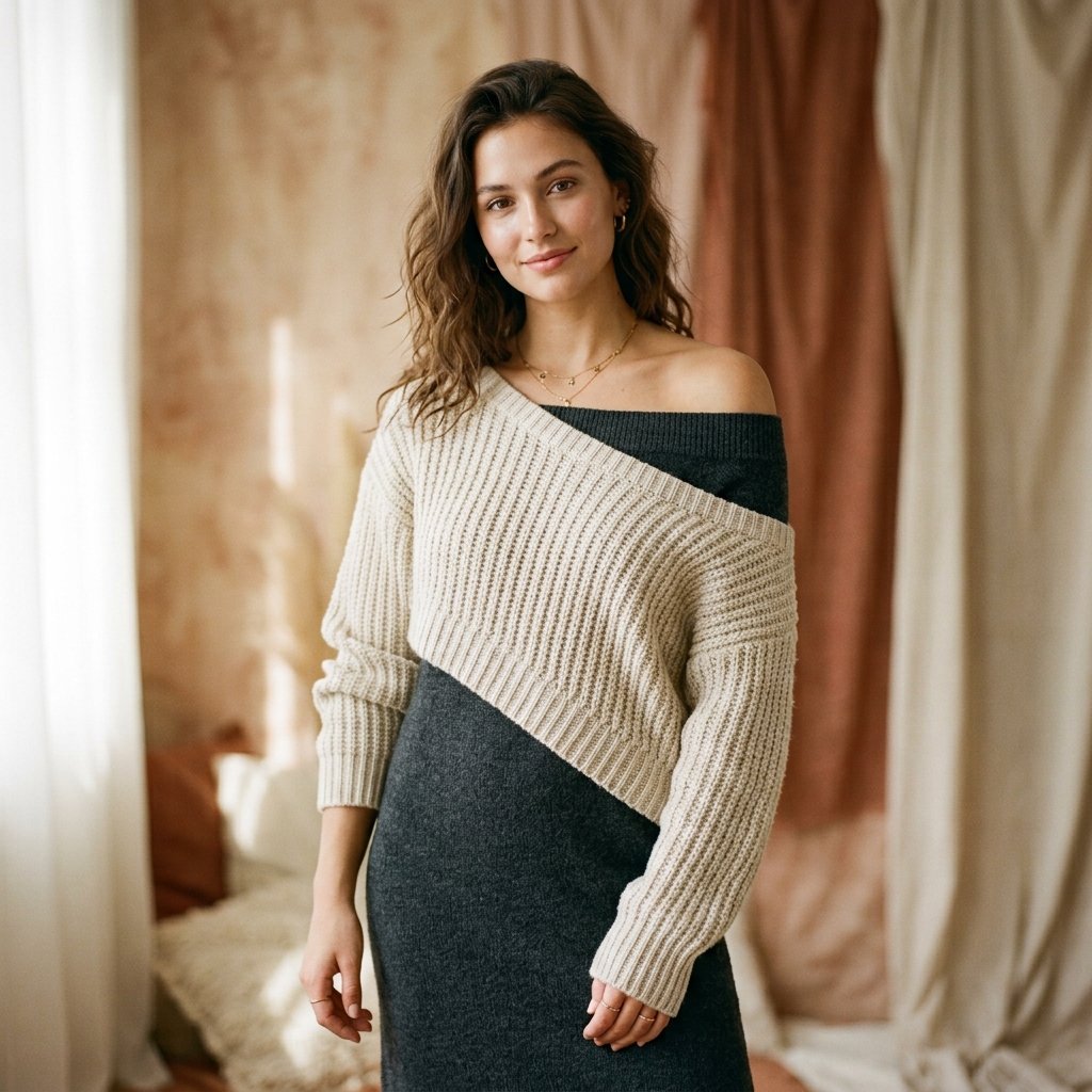 32 Sweater Over Dress Ideas: A Complete Style Guide 19 Ribbed Sweater Over Off-Shoulder Dress