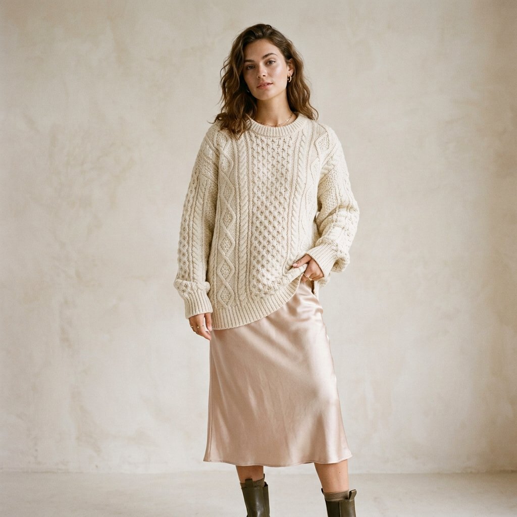 32 Sweater Over Dress Ideas: A Complete Style Guide 2 Chunky Cable Knit Sweater Over Slip Dress