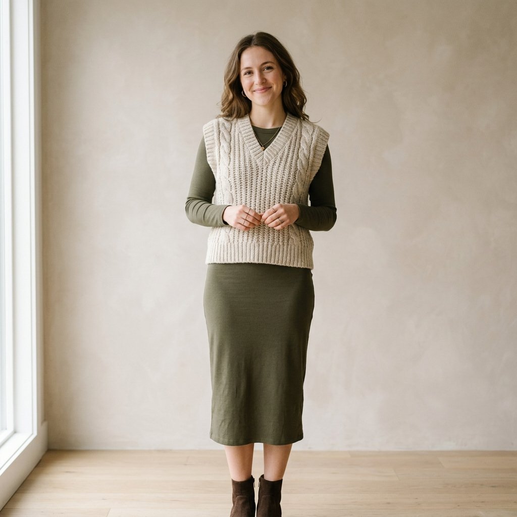 32 Sweater Over Dress Ideas: A Complete Style Guide 24 Sleeveless Sweater Vest Over Long Sleeve Dress