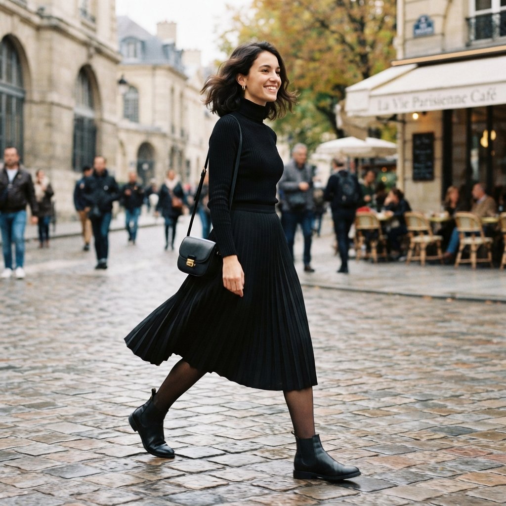 Pleated Black Skirt Outfit Ideas