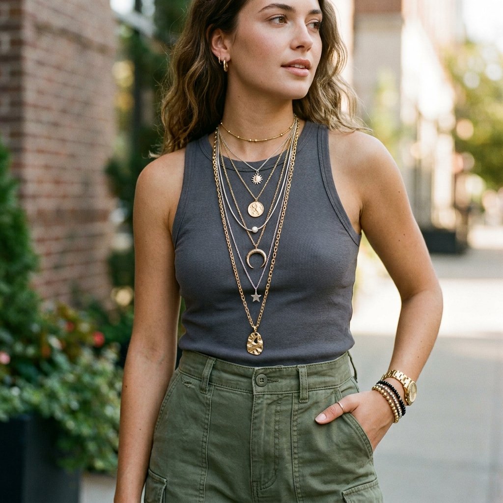 Cargo Pants and Layered Necklaces Idea