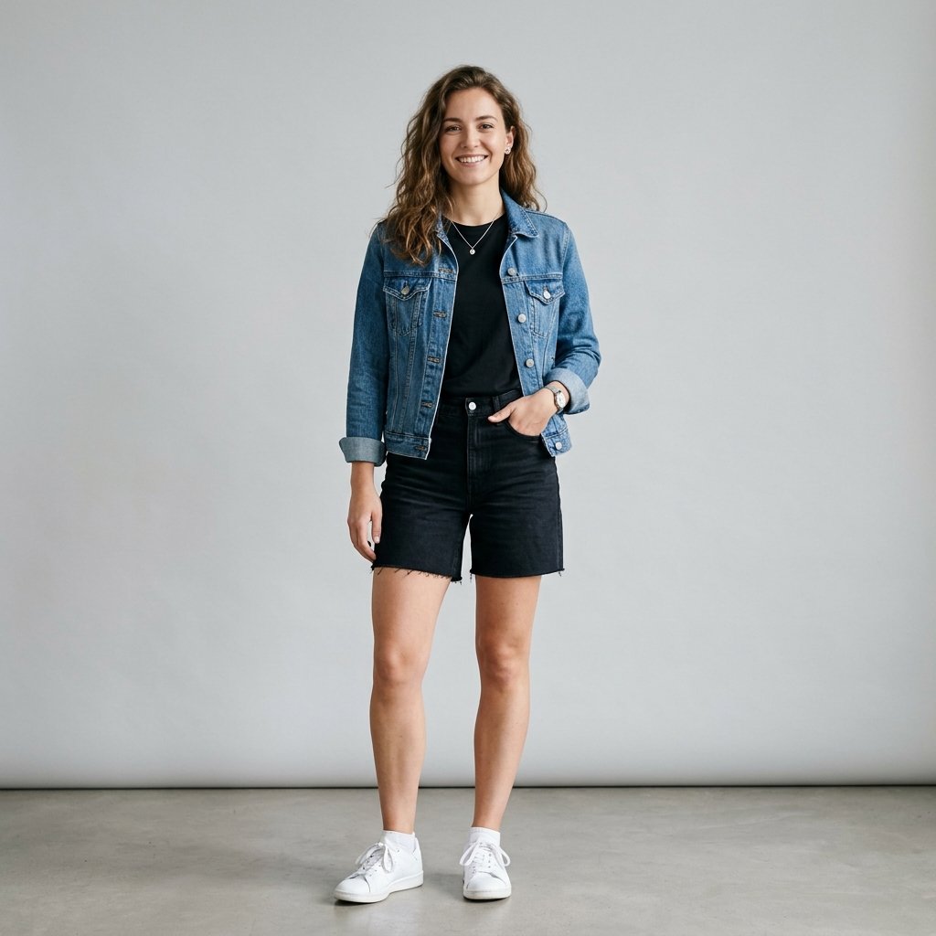 Black Shorts and Denim Jacket Outfit Ideas