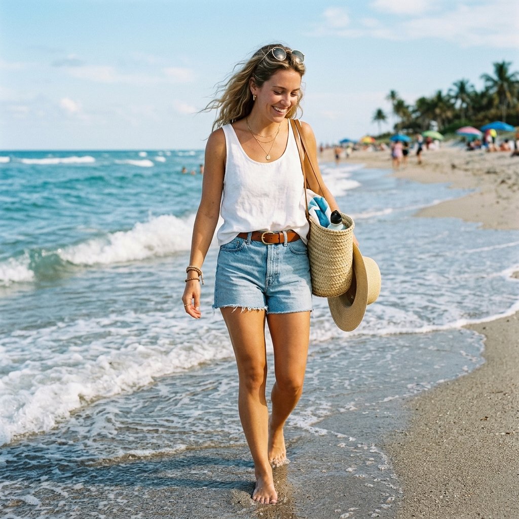 Denim Shorts Beach Outfit Ideas