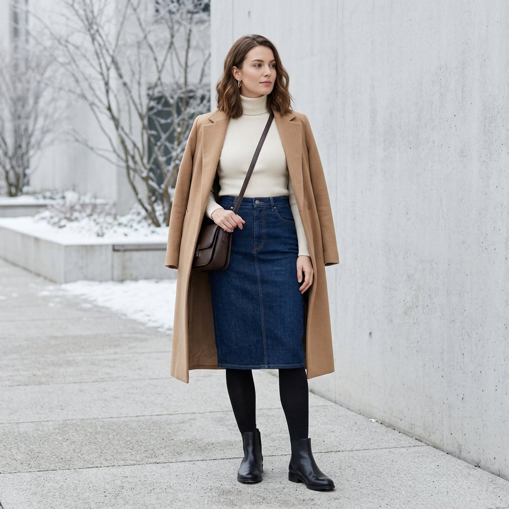Denim Skirt and Turtleneck Outfit Ideas