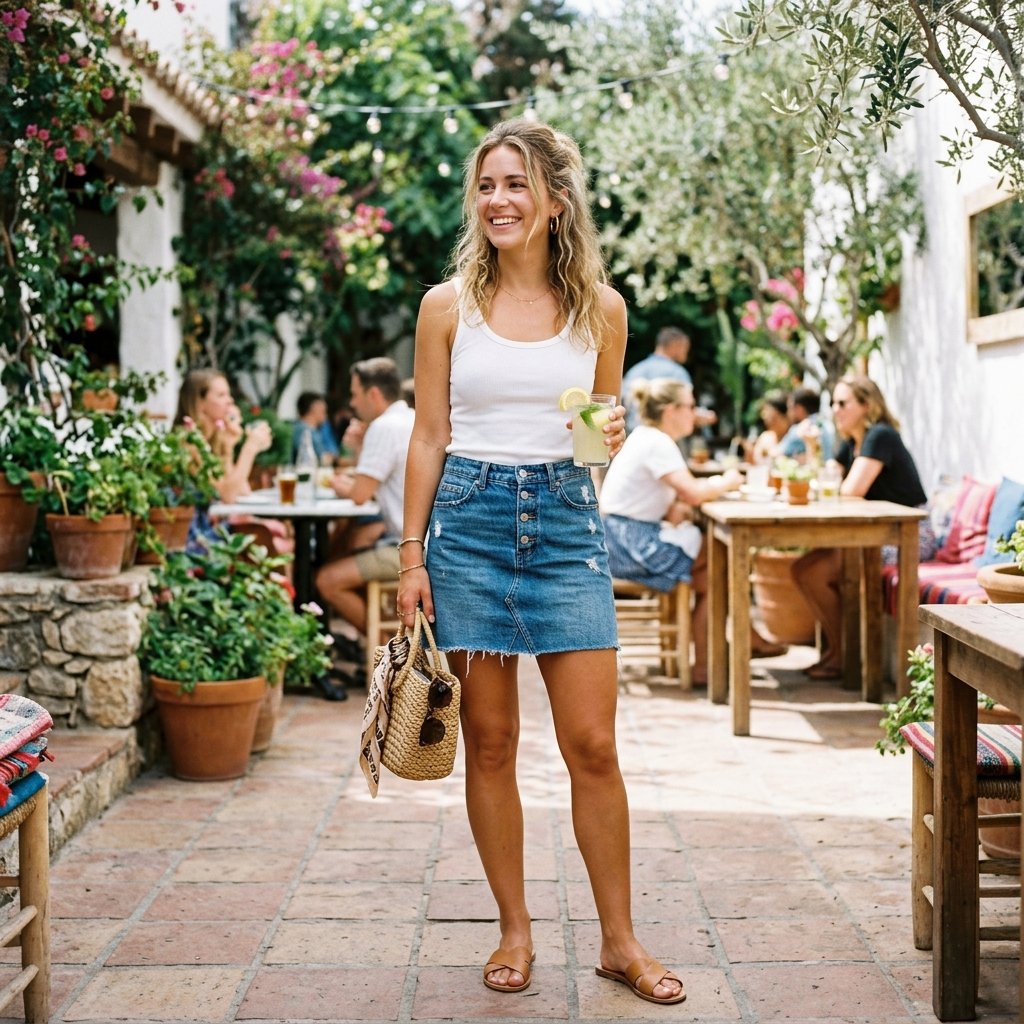 Denim Skirt and Tank Top Outfit Ideas