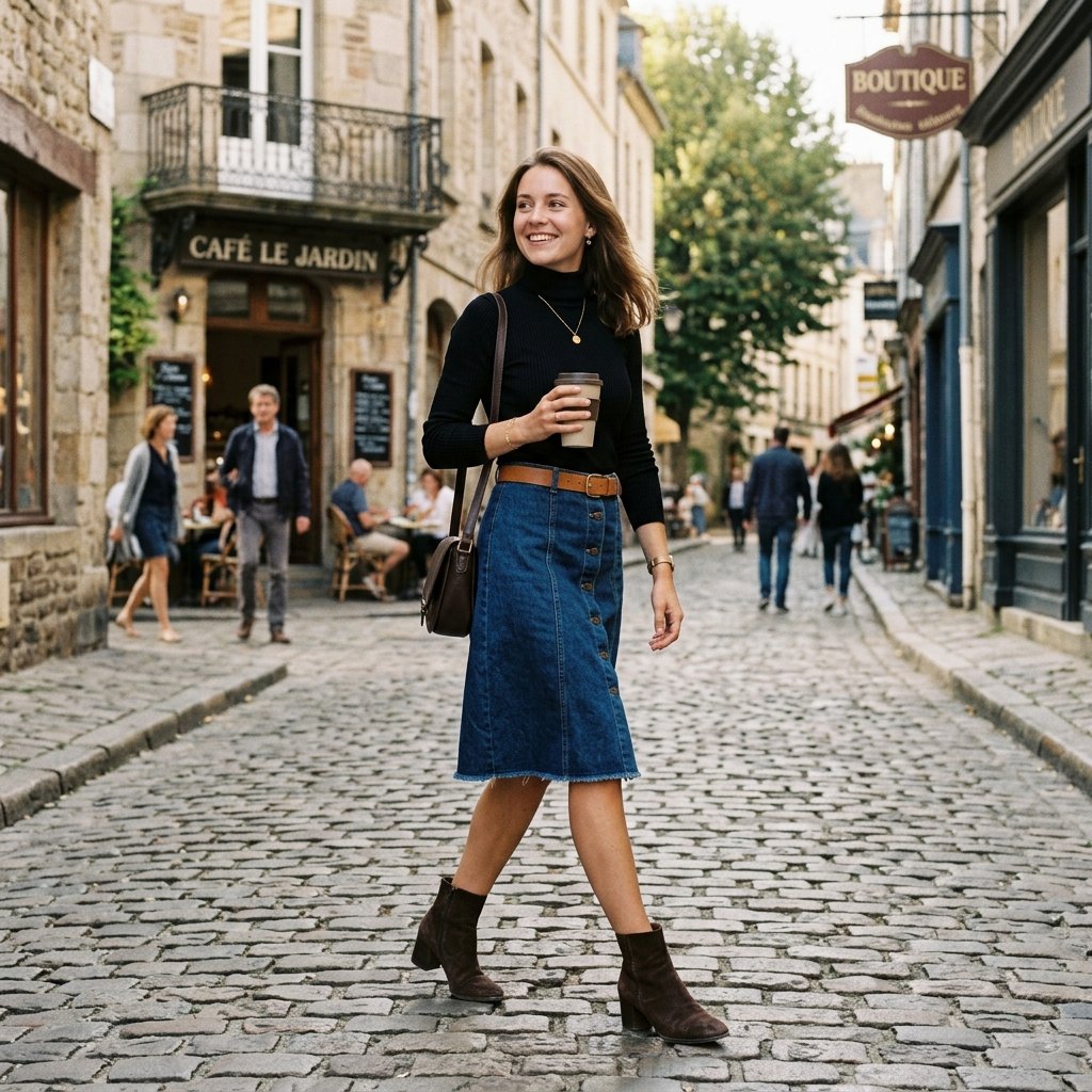 Denim Skirt and Ankle Boots Outfit Ideas