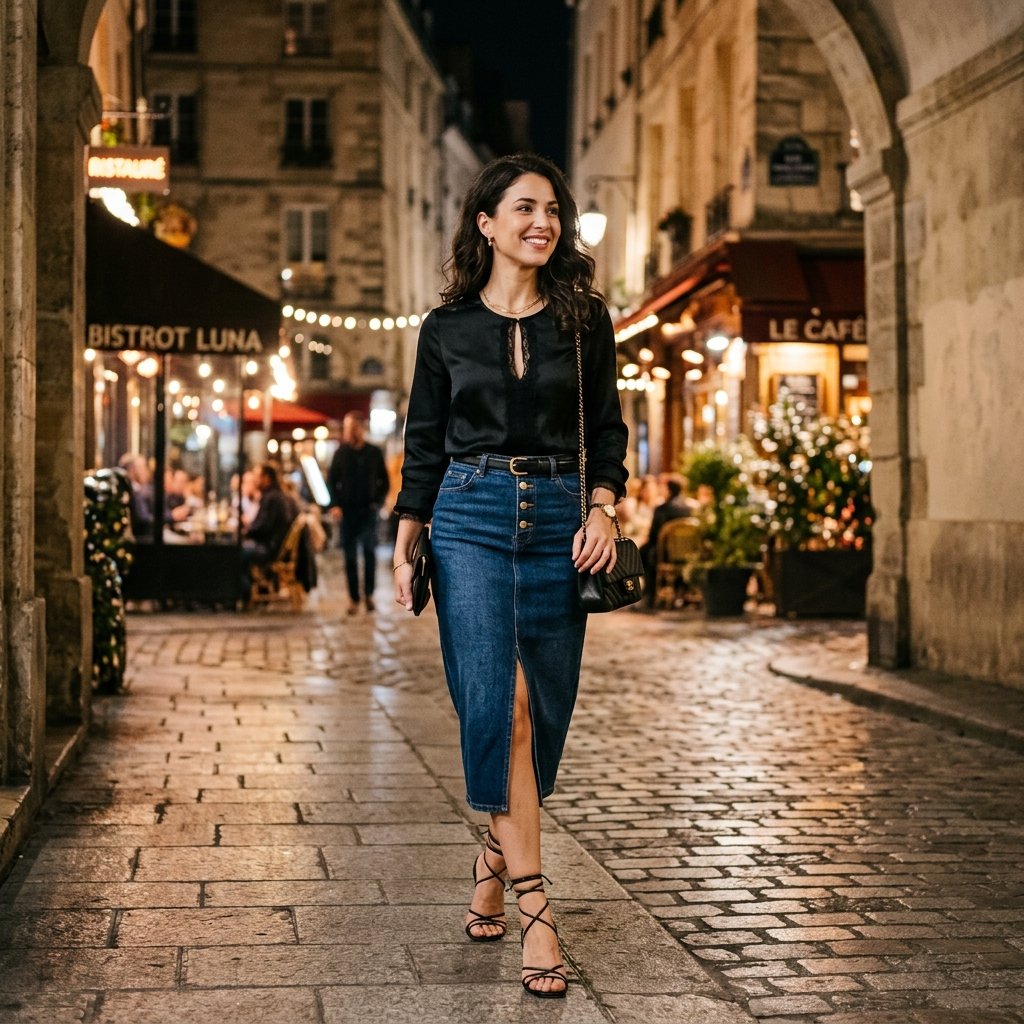 Denim Skirt and Heels Outfit Ideas