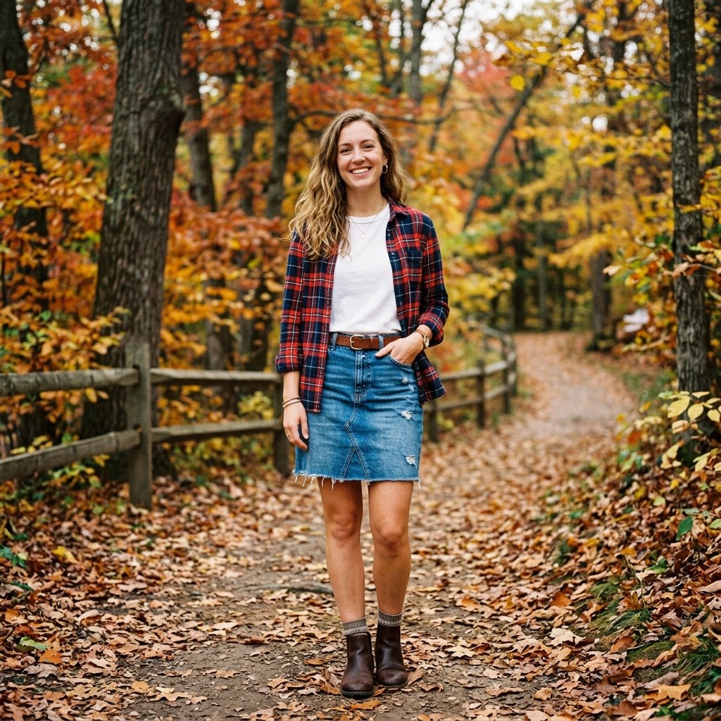 Denim Skirt and Flannel Outfit Ideas