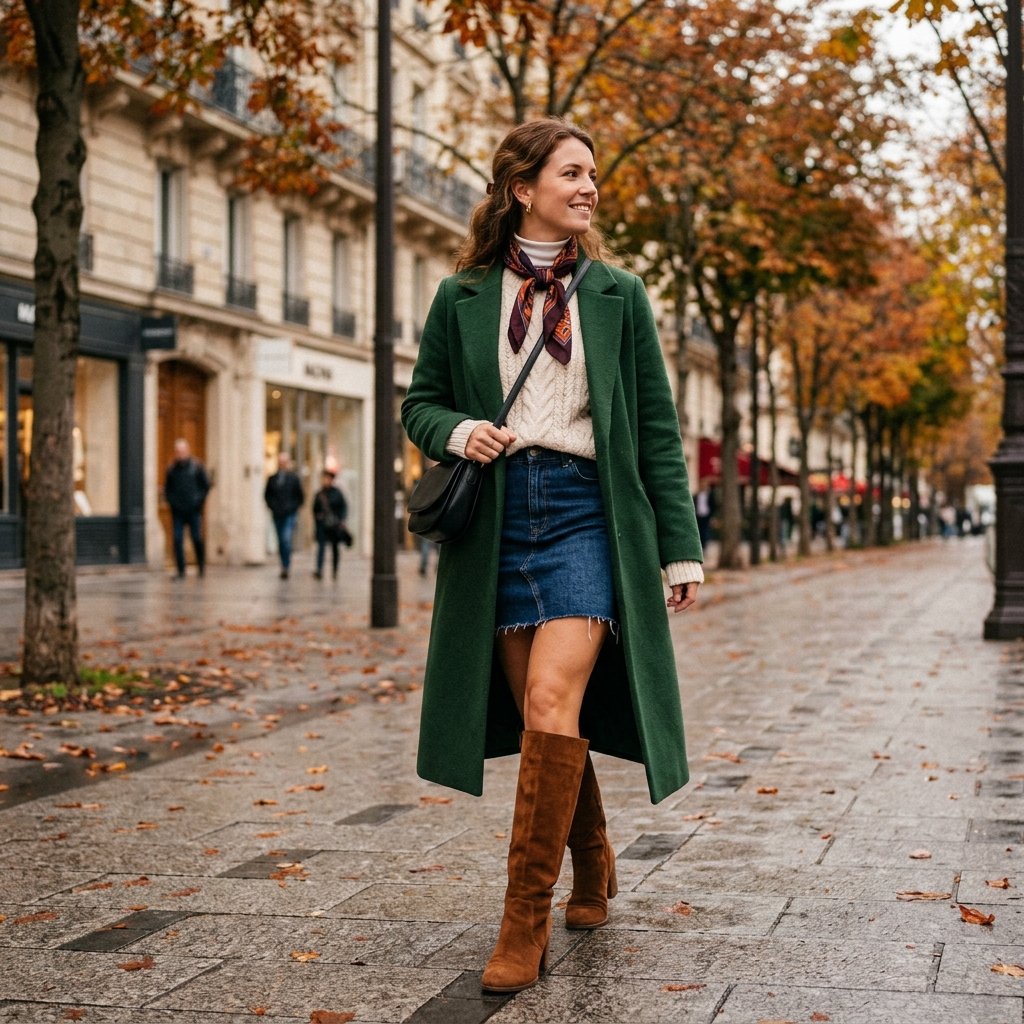 Denim Skirt and Knee High Boots Outfit Ideas