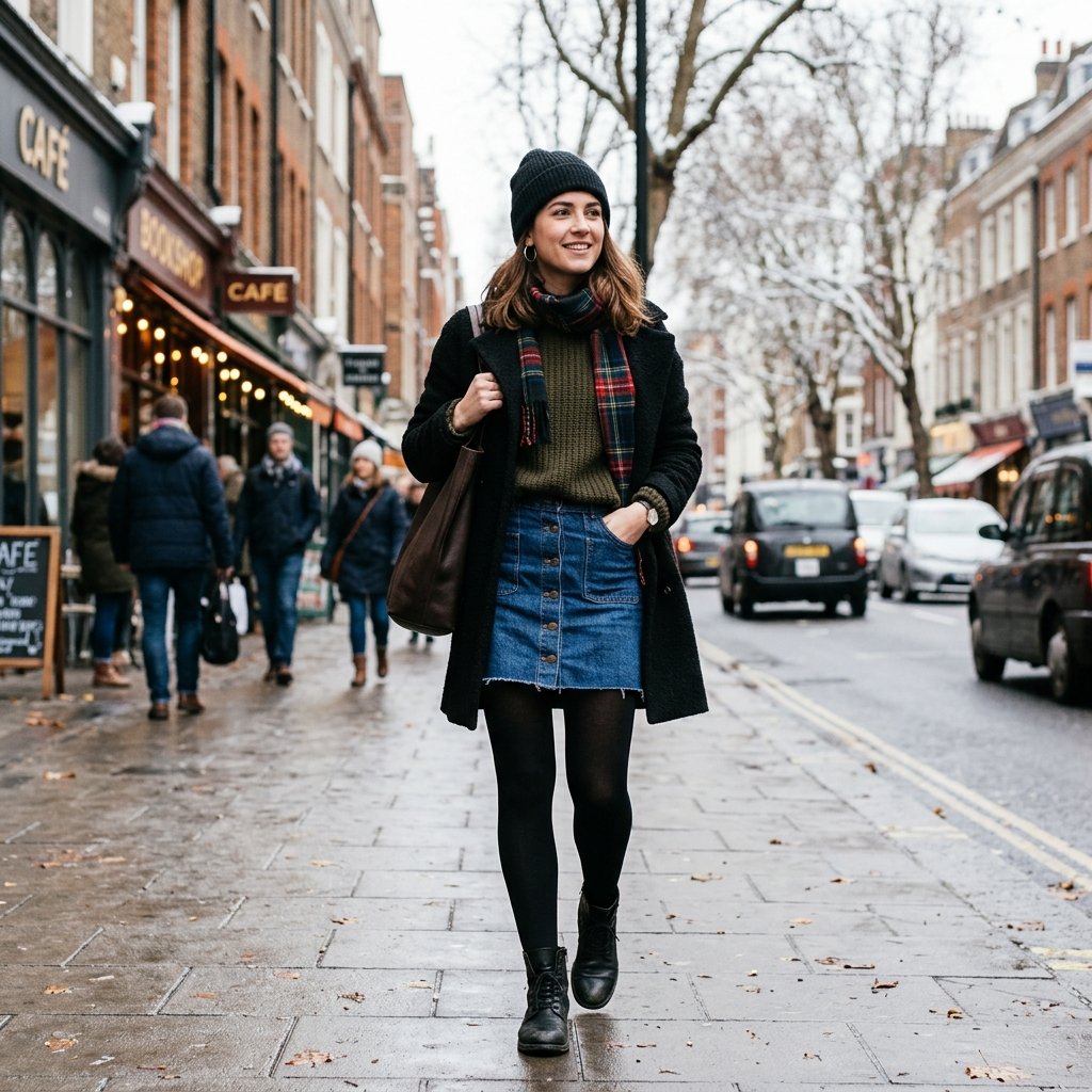 Denim Skirt and Tights Outfit Ideas