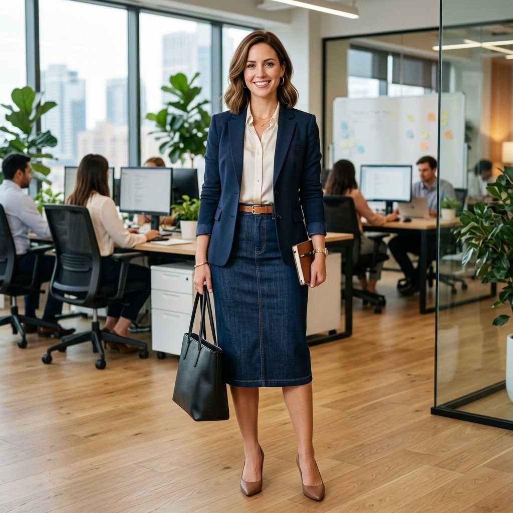 Office Appropriate Denim Skirt Outfit Ideas