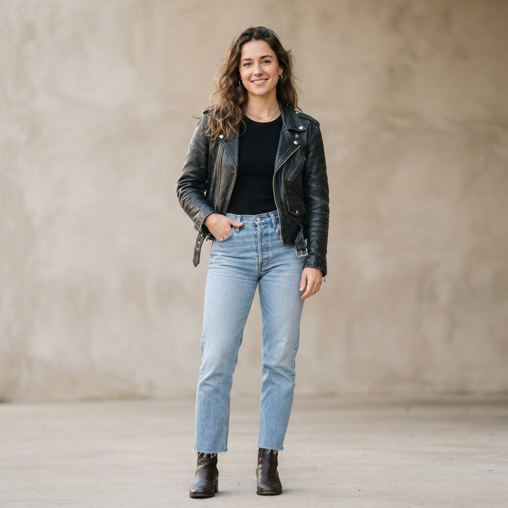 Leather Jacket Outfits with Light Blue Jeans