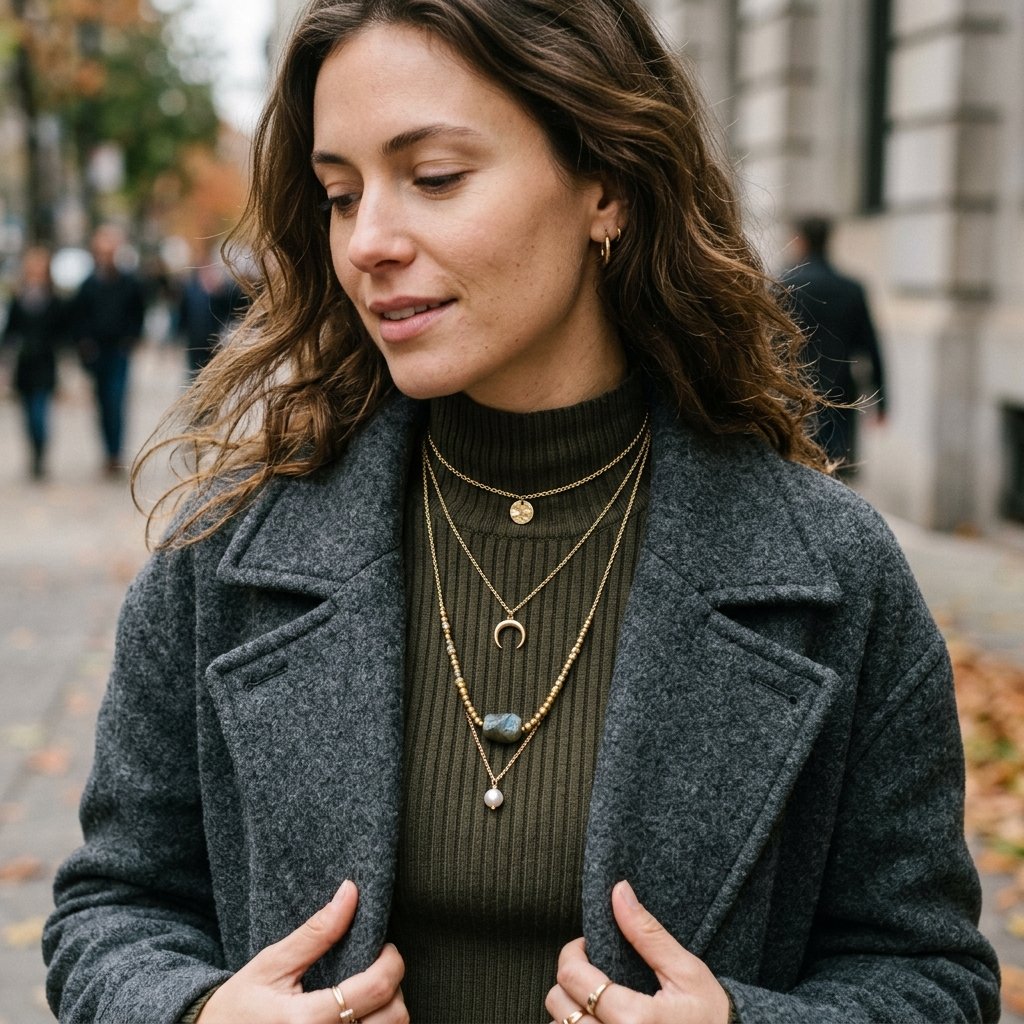 Layered Necklaces and Long Coat Outfits Idea