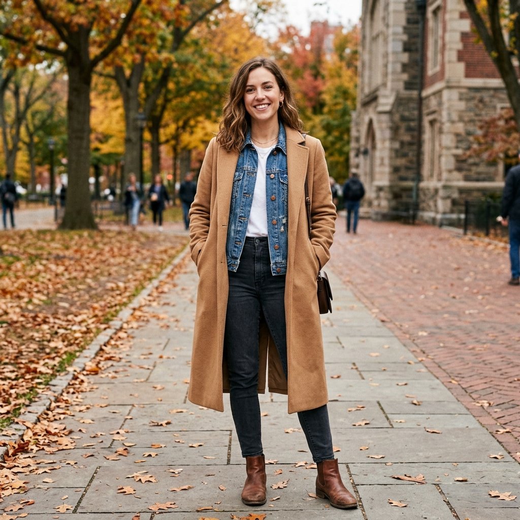 Denim Jacket Layering and Long Coat Outfits Idea