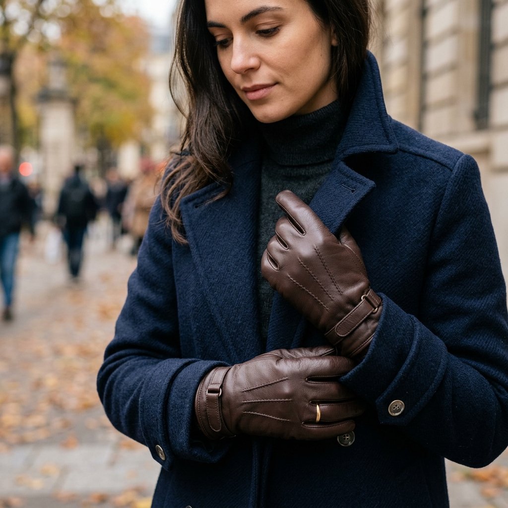 Gloves Styling and Long Coat Outfits Idea